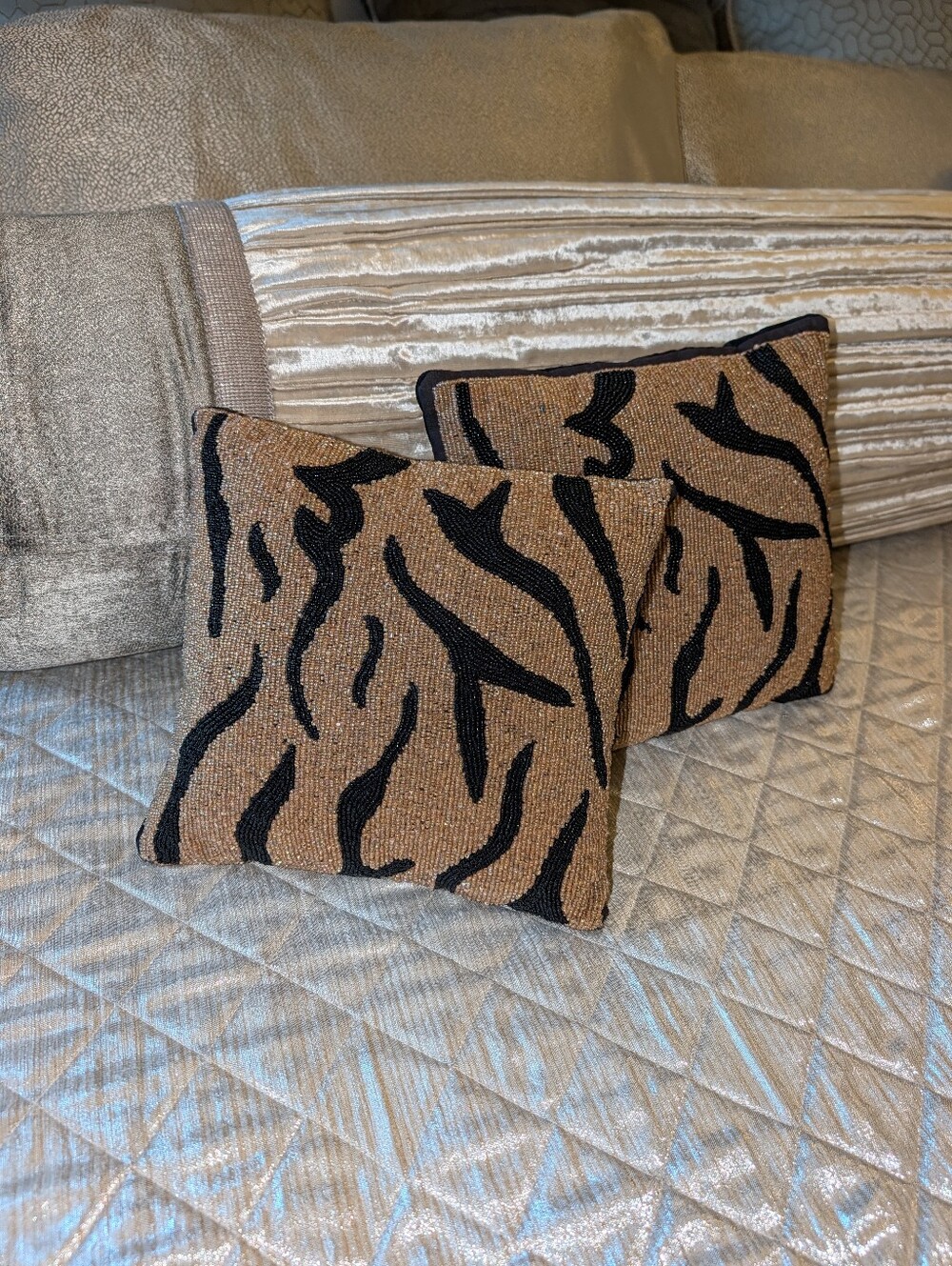 vintage ETHAN ALLEN pair of beaded velvet accent pillows tiger